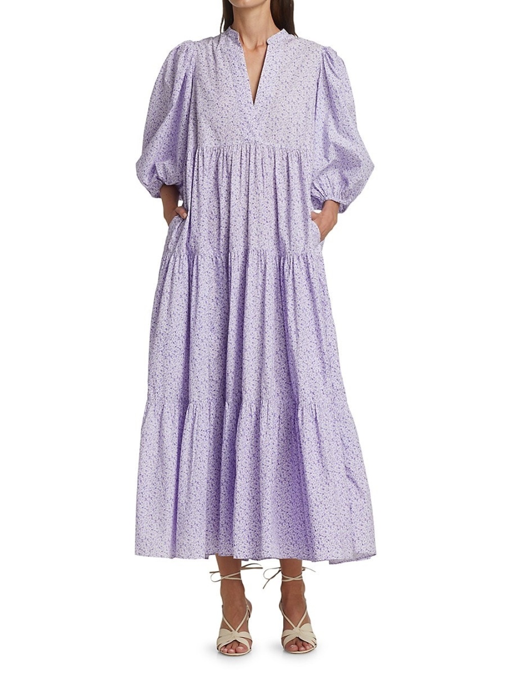 By Timo Lavender Floral Tiered Maxi Dress with Puff Sleeves Poplin Maxi Dress